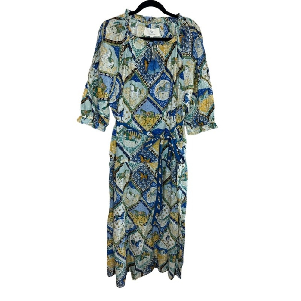 Printfresh High Horse Devon Dress in Blue Multi Organic Cotton Midi Medium NWT - Picture 3 of 12